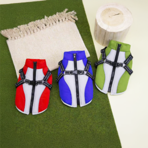 Dog Harness Winter Coat in Red, Green, and Blue, showing the top view of the back zipper and built-in harness D-ring.