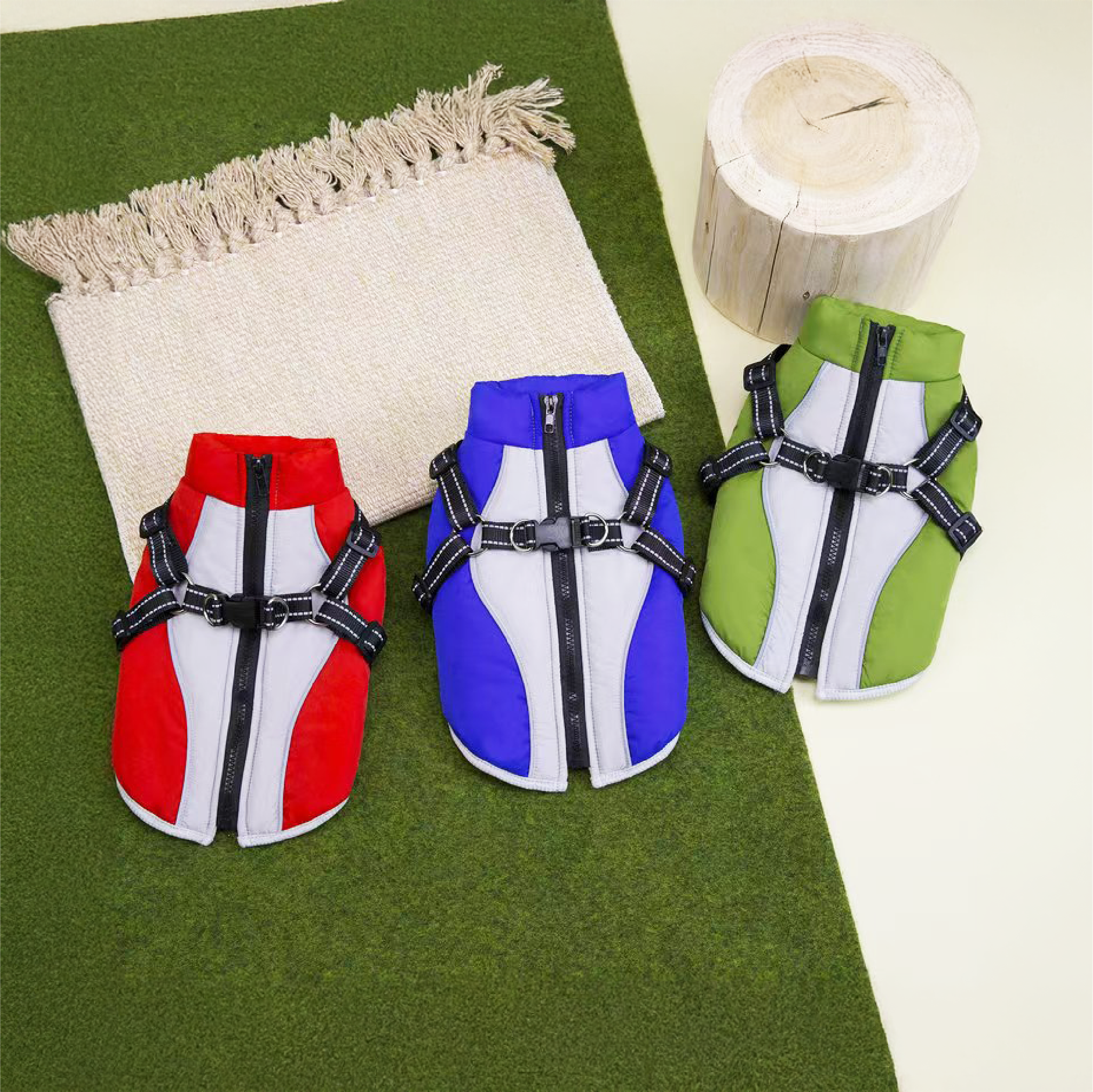 Dog Harness Winter Coat in Red, Green, and Blue, showing the top view of the back zipper and built-in harness D-ring.